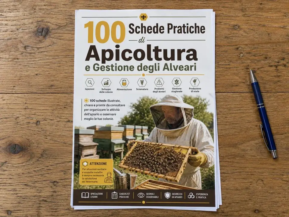 Guida di apicoltura stampata in formato A4 su un tavolo di legno