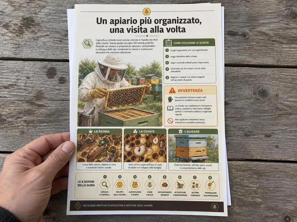 La pagina introduttiva della guida stampata in A4 su un tavolo, tenuta da una mano
