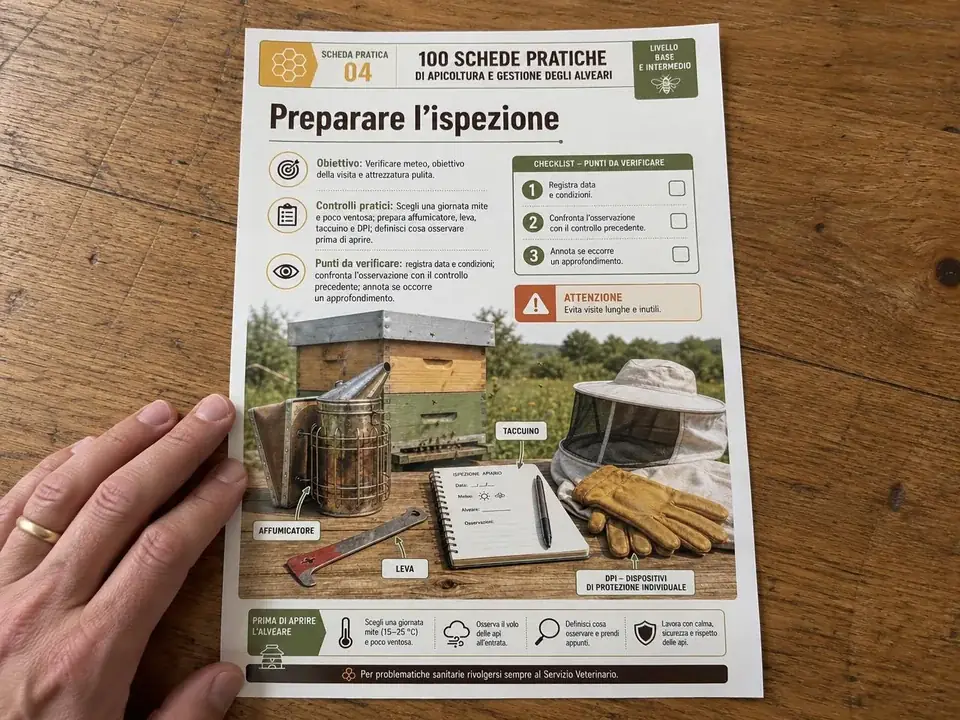Una mano tiene la scheda pratica 04 stampata in A4 su un tavolo di legno